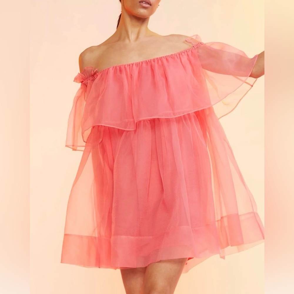 Cynthia Rowley Coral Pink Off Shoulder Chiffon Dress